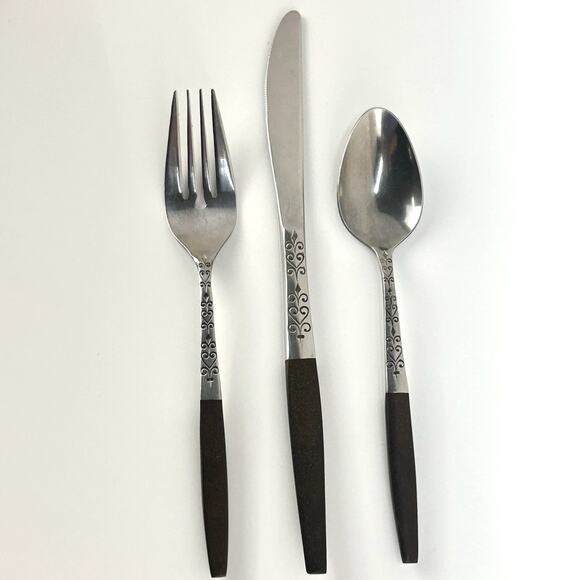 Vtg 3pc Flatware INTERPUR INR2 Japan Stainless Steel Brown Faux Wood Scroll MCM - Picture 1 of 14
